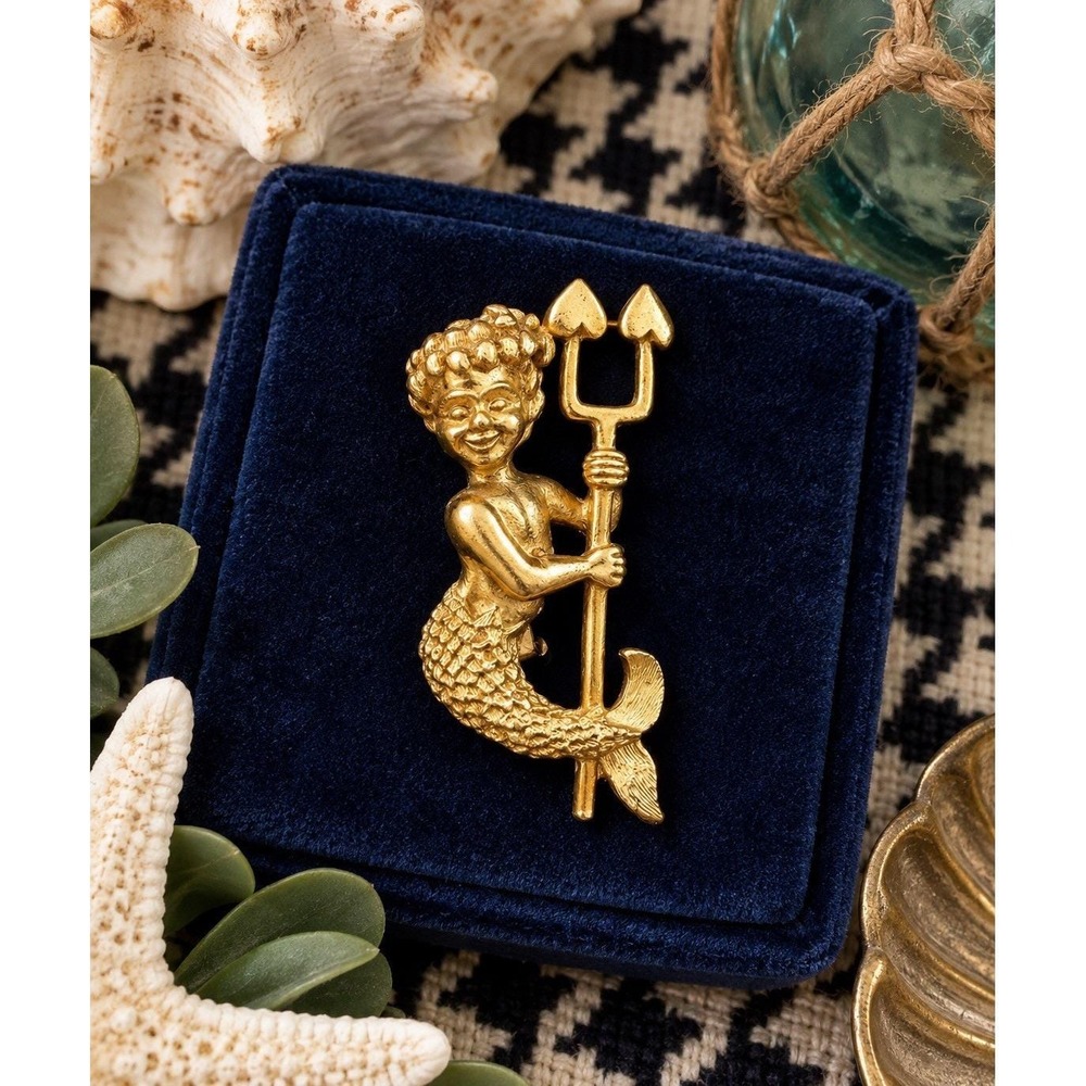 VTG Mamselle Mermaid Brooch Trident Gold Tone Figural Pin Signed 1.5"